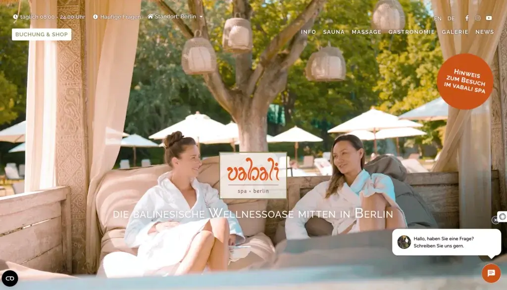 Ein Screenshot der Website der Spa Kette Vabali