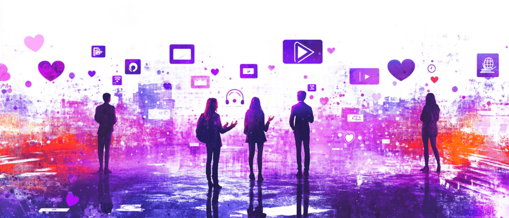 Ein Panorama mit vier Menschen vor Social Media Icons. Symbolbild für Content Strategie.