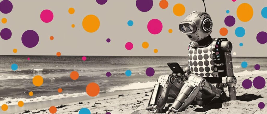 google SGE - Symbolbild mit einem Roboter beim Handysurfen am Strand