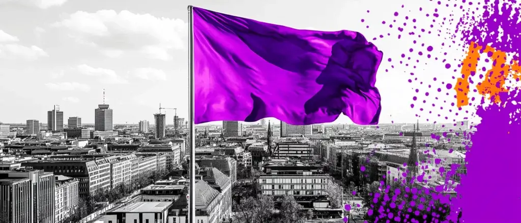Eine Flagge über einer Stadt, die als Symbol für Markenführung stehen soll