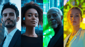 Vier diverse Menschen, die in Panels nebeneinander in die Kamera schauen. Symbol für die unterschiedlichen Zukünfte, die hinter der Foresight Theorie stehen.